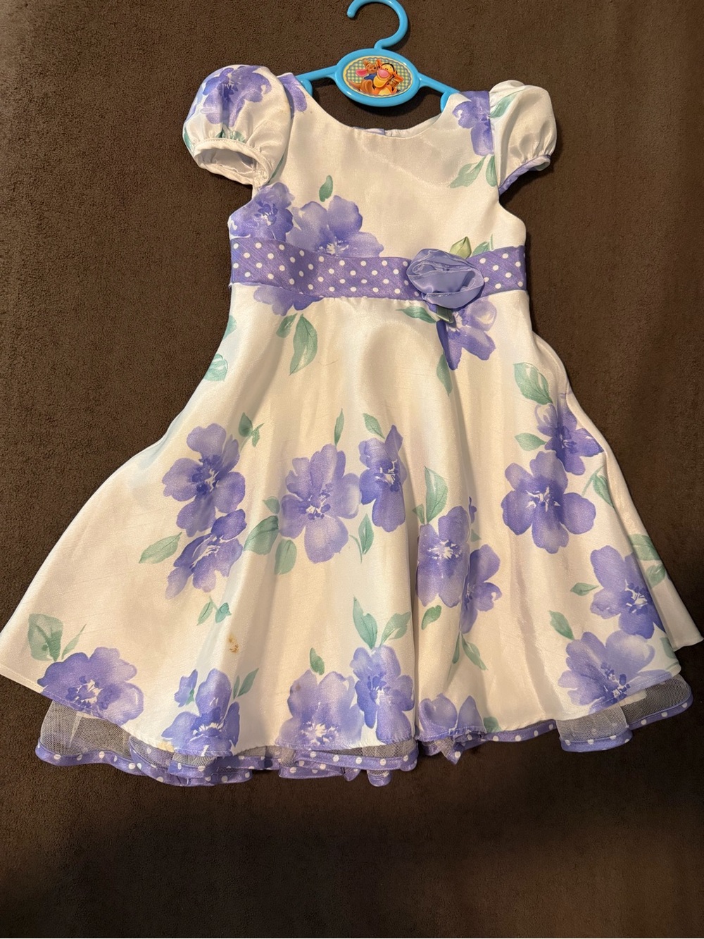 Youngland White Dress with Purple Floral Print and Polka Dot Waistband